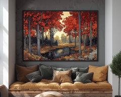 Autumn Red Maple Wall Art Print, Vibrant Fall Woodland Landscape Painting, Forest Stream Home Decor, Rustic Fall Foliage Canvas Art