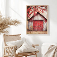 Rustic Barn Canvas Wall Art, Red Farmhouse Print, Framed Canvas Vintage Decor, Country Style Accent, Nature-Inspired Rural Home Piece