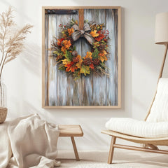 Autumn Wreath Wall Art, Rustic Fall Canvas Print, Framed Canvas Botanical Decor, Vintage-Inspired Accent, Nature-Inspired Seasonal Home