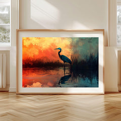 Sunset Heron Wooden Canvas Wall Art, Coastal Bird Silhouette Print, Serene Wetland Landscape Painting, Nature Inspired Rustic Home Decor