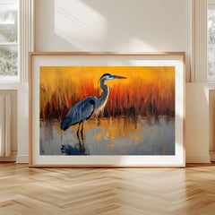 Heron Wooden Canvas Wall Art, Coastal Bird Silhouette Print, Serene Sunset Wetland Landscape Painting, Nature Inspired Rustic Home Decor