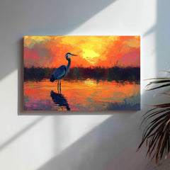 Sunset Heron Wooden Canvas Wall Art, Coastal Bird Silhouette Print, Serene Wetland Landscape Painting, Nature Inspired Rustic Home Decor