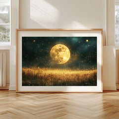 Golden Moon Wooden Canvas Wall Art, Mystical Starry Night Print, Celestial Field Landscape Painting,Rustic Cosmic Nature Inspired Home Decor