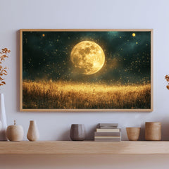 Golden Moon Wooden Canvas Wall Art, Mystical Starry Night Print, Celestial Field Landscape Painting,Rustic Cosmic Nature Inspired Home Decor