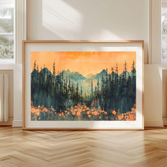 Mountain Forest Wooden Canvas Wall Art, Sunset Landscape Print, Rustic Nature Inspired Painting, Evergreen Trees and Wildflowers Home Decor
