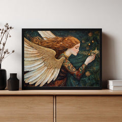 Golden Angel With Christmas Tree Wall Art, William Morris Inspired Holiday Angel Print, Festive Seasonal Canvas Decor, Cozy Home Accent