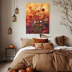 Autumn Basket Floral Wall Art, Wooden Framed Canvas, Colorful Fall Flower Print, Rustic Seasonal Wall Decor, Botanical Harvest Accent