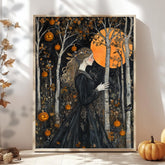 Halloween Goddess Wall Art, William Morris Style Decor, Wooden Framed Canvas, Gothic Pumpkin Forest Print, Autumn Full Moon Home Accent