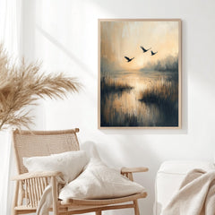 Flying Birds Wall Art, Wooden Framed Canvas, Rustic Nature Sunset Print, Minimalist Wildlife Home Decor, Serene Landscape Accent