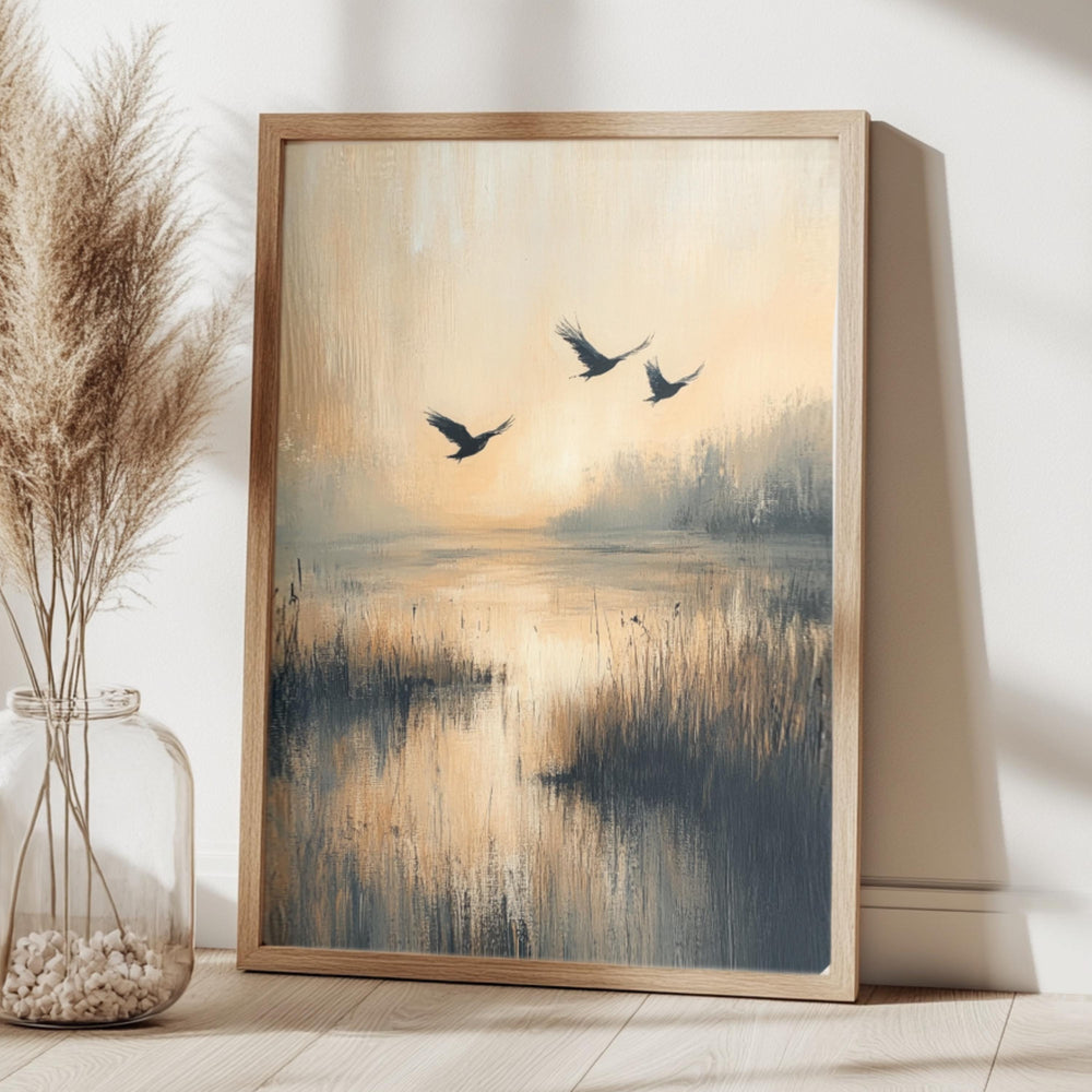 Flying Birds Wall Art, Wooden Framed Canvas, Rustic Nature Sunset Print, Minimalist Wildlife Home Decor, Serene Landscape Accent