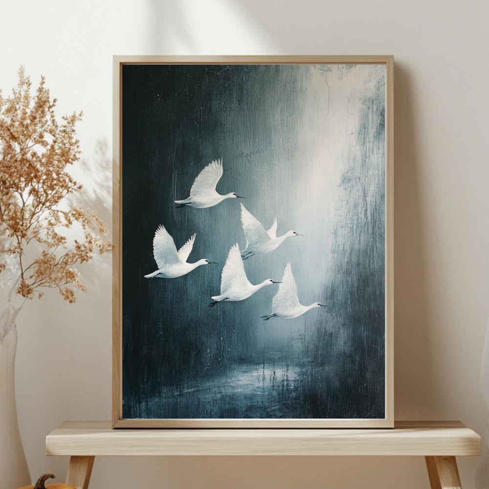 White Swan Wall Art, Wooden Framed Canvas, Minimalist Wildlife Nature Print, Elegant Swan Flock Home Decor, Modern Bird Home Accent