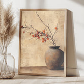 Rustic Vase Wall Art, Wooden Framed Canvas, Minimalist Autumn Branch Print, Neutral Botanical Home Decor, Vintage Still Life Accent
