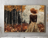 Woman in Autumn Forest Wall Art – Romantic Fall Landscape Painting, Rustic Golden Foliage Home Print, Rustic Fall Decor, Cozy Country Style