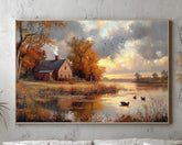 Autumn Cottage Wall Art Print, Rustic Farmhouse Countryside Landscape Painting, By the Lake Canvas Art, Rustic Fall Print, Woodland Scene