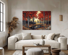 Autumn Red Maple Wall Art Print, Vibrant Fall Woodland Landscape Painting, Forest Stream Home Decor, Rustic Fall Foliage Canvas Art