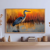 Heron Wooden Canvas Wall Art, Coastal Bird Silhouette Print, Serene Sunset Wetland Landscape Painting, Nature Inspired Rustic Home Decor
