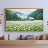 Meadow Wooden Canvas Wall Art, Misty Cottage Landscape Print, Rustic Wildflower Country Field Painting, Nature Inspired Farmhouse Home Decor