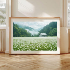 Meadow Wooden Canvas Wall Art, Misty Cottage Landscape Print, Rustic Wildflower Country Field Painting, Nature Inspired Farmhouse Home Decor