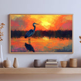 Sunset Heron Wooden Canvas Wall Art, Coastal Bird Silhouette Print, Serene Wetland Landscape Painting, Nature Inspired Rustic Home Decor