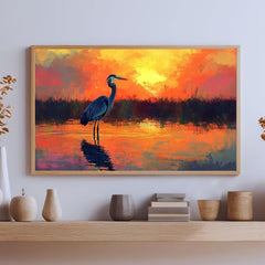 Sunset Heron Wooden Canvas Wall Art, Coastal Bird Silhouette Print, Serene Wetland Landscape Painting, Nature Inspired Rustic Home Decor