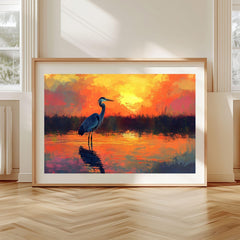 Sunset Heron Wooden Canvas Wall Art, Coastal Bird Silhouette Print, Serene Wetland Landscape Painting, Nature Inspired Rustic Home Decor