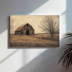 Rustic Barn Wooden Framed Canvas Wall Art, Vintage Country Farmhouse Print, Weathered Old Barn Landscape Painting, Rustic Rural Home Decor