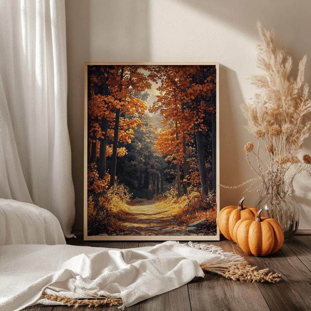 Golden Autumn Forest Wall Art, Rustic Fall Woodland Path Print, Farmhouse Country Decor, Cozy Nature Landscape Canvas, Seasonal Home Accent