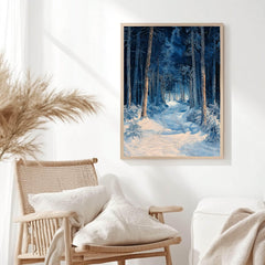 Blue Forest Path Wooden Canvas Art, Winter Wonderland Wall Print, Snowy Landscape Holiday Decor, Serene Woodland Framed Canvas