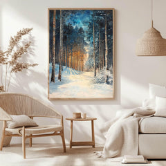 Golden Glow Winter Forest Wooden Canvas Art, Snowy Pine Tree Wall Print, Cozy Holiday Framed Decor