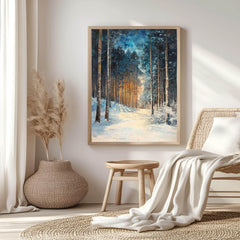 Golden Glow Winter Forest Wooden Canvas Art, Snowy Pine Tree Wall Print, Cozy Holiday Framed Decor