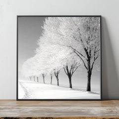 Frosted Trees Wall Art, Black and White Framed Canvas, Snowy Landscape Print, Minimalist Winter Artwork, Scandinavian Calm Nature Decor