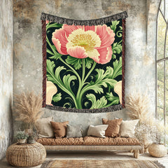 Botanical Peony Woven Blanket, Art Nouveau Floral Throw, Elegant Flower Tapestry, Nature-Inspired Home Decor, Cozy Vintage Gift Idea