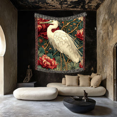 White Heron Garden Woven Blanket, Nature-Inspired Bird Throw, Botanical Floral Tapestry, Elegant Wildlife Art, Cozy Rustic Home Accent
