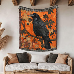 Black Raven Woven Blanket, Autumn Nature-Inspired Tapestry, Mystical Bird Art Throw, Rustic Woodland Decor, Cozy Halloween Accent Gift