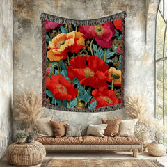 Vibrant Poppy Woven Blanket, Botanical Floral Tapestry Throw, Bold Nature-Inspired Art, Colorful Home Accent, Garden-Inspired Cozy Gift