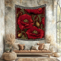 Crimson Poppy Woven Blanket, Vintage Botanical Tapestry, Red Floral Throw, Nature-Inspired Decor, Cozy Cottagecore Garden Gift Accent