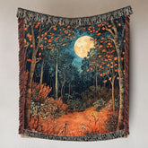 Harvest Moon Woven Blanket, Autumn Forest Tapestry Throw, Nature-Inspired Moonlight Art, Cozy Woodland Decor, Mystical Rustic Home Gift