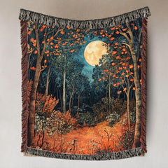 Harvest Moon Woven Blanket, Autumn Forest Tapestry Throw, Nature-Inspired Moonlight Art, Cozy Woodland Decor, Mystical Rustic Home Gift