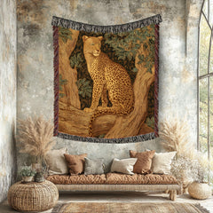 Leopard Woven Blanket, Nature-Inspired Safari Tapestry Throw, Wild Cat Art, Jungle Decor Accent, Cozy Boho Rustic Home Gift Idea