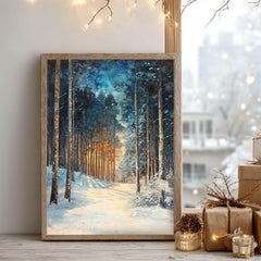 Golden Glow Winter Forest Wooden Canvas Art, Snowy Pine Tree Wall Print, Cozy Holiday Framed Decor