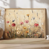 Rustic Wildflower Field Wall Art, Country Meadow Floral Landscape Canvas, Vintage Nature Framed Print, Cottage Farmhouse Home Decor