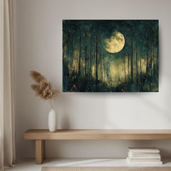Mystical Moon Forest Wall Art, Enchanted Night Framed Canvas, Celestial Woodland Landscape Print, Starry Night Decor, Tranquil Home Accent