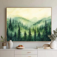 Evergreen Mountain Landscape Wall Art, Misty Pine Forest Framed Canvas, Nature Inspired Print, Rustic Farmhouse Decor, Tranquil Home Accent