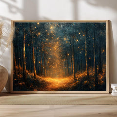 Enchanted Firefly Forest Wall Art, Mystical Night Landscape Canvas, Glowing Woodland Path Print, Celestial Nature Inspired Home Decor