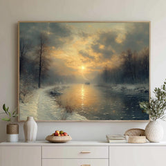 Winter River Sunrise Wall Art, Moody Snow Landscape Canvas, Tranquil Nature Inspired Print, Rustic Farmhouse Winter Home Decor