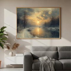 Winter River Sunrise Wall Art, Moody Snow Landscape Canvas, Tranquil Nature Inspired Print, Rustic Farmhouse Winter Home Decor