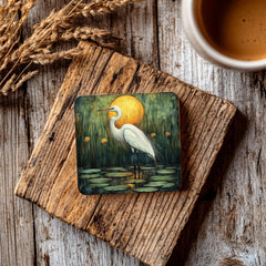 White Egret Coaster Set of 4, Nature-Inspired Heron Art Coasters, Golden Sunset Marsh Scene Ceramic Drink Coaster Set