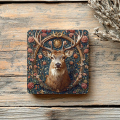 Deer Portrait Coaster Set of 4, Vintage Forest Floral Stag Art Coasters, Rustic Woodland Nature Ceramic Drink Coaster Set