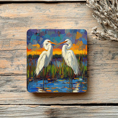Impressionist Egret Coaster Set of 4, Abstract Coastal Bird Art Coasters, Bold Color Marsh Scene Ceramic Coaster Set
