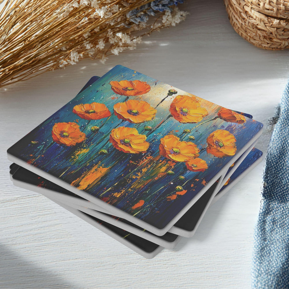 Colorful Poppy Field Coaster Set of 4, Vibrant Floral Art Coasters, Blue Yellow Garden Ceramic Drink Coaster Set